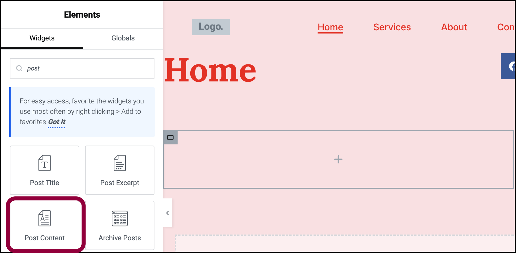 21 the post content widget Create a single page template using Flexbox containers 43