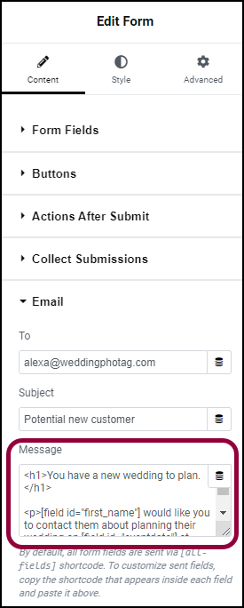 Ad the message Example of sending custom emails from a form 19