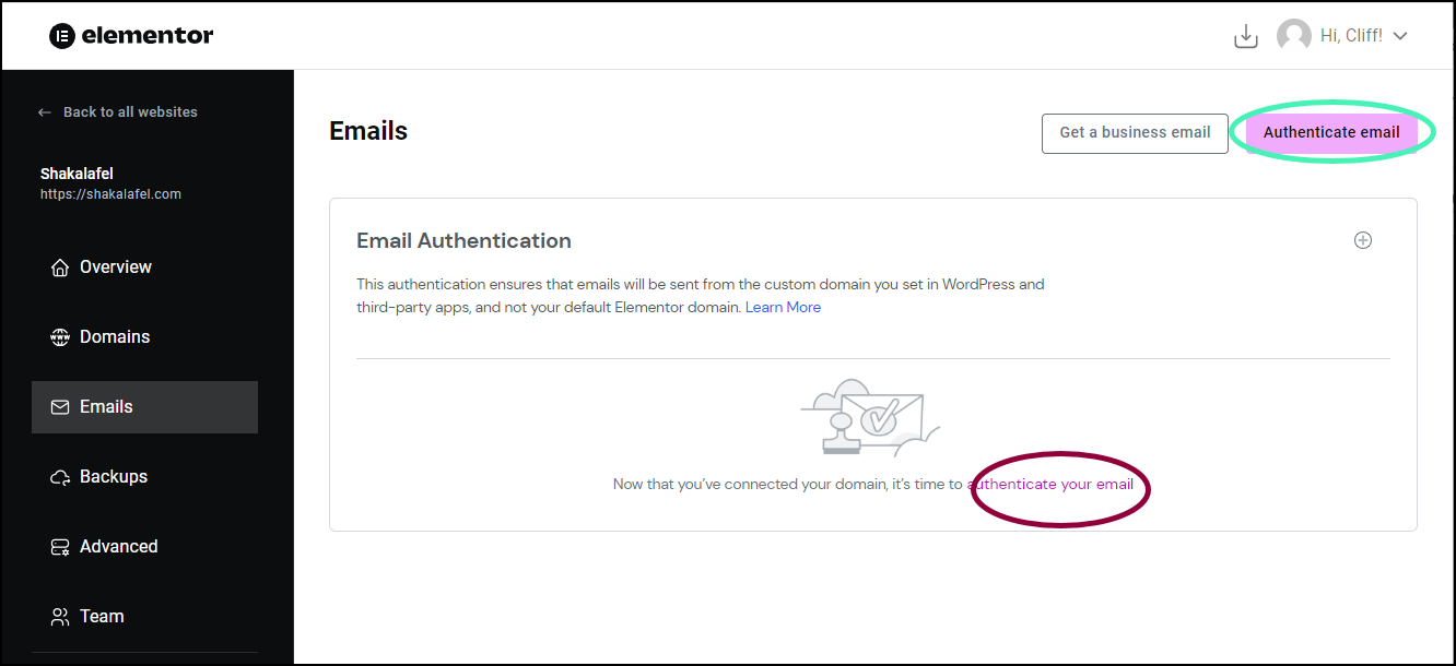 Clikc Authenticate your email Customize emails sent by your site 5