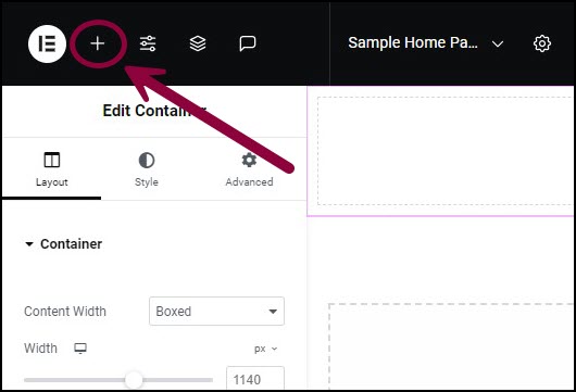 Clikc the top bar plus icon Explore the Elementor Editor 418