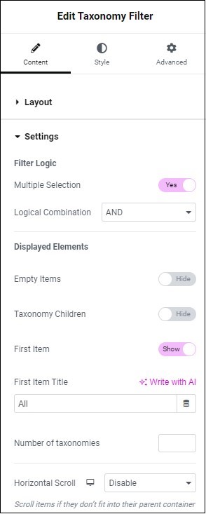 Content tab Settings Taxonomy Filter widget 9