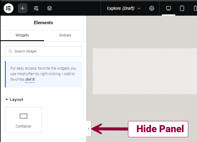 Hide panel button Explore the Elementor Editor 410
