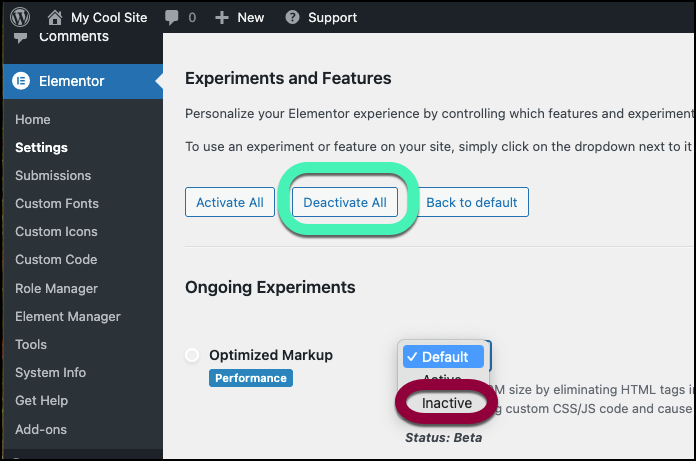 Inactive features Activate and deactivate Elementor experimental features 17