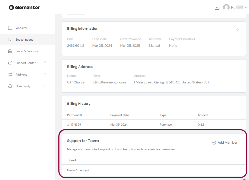 Add Team Members To Your Subscription » Elementor