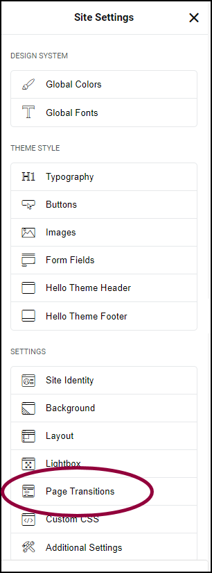 Site settings menu with page transitions highlighted Create page transitions for your site 85