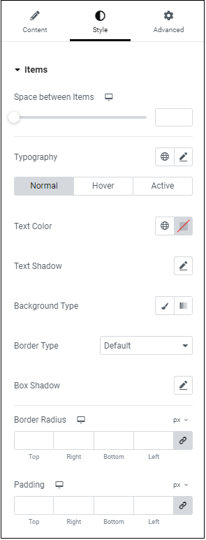 Style tab Items Taxonomy Filter widget 11