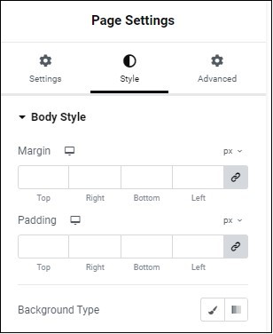 Style tab Configure page settings 186