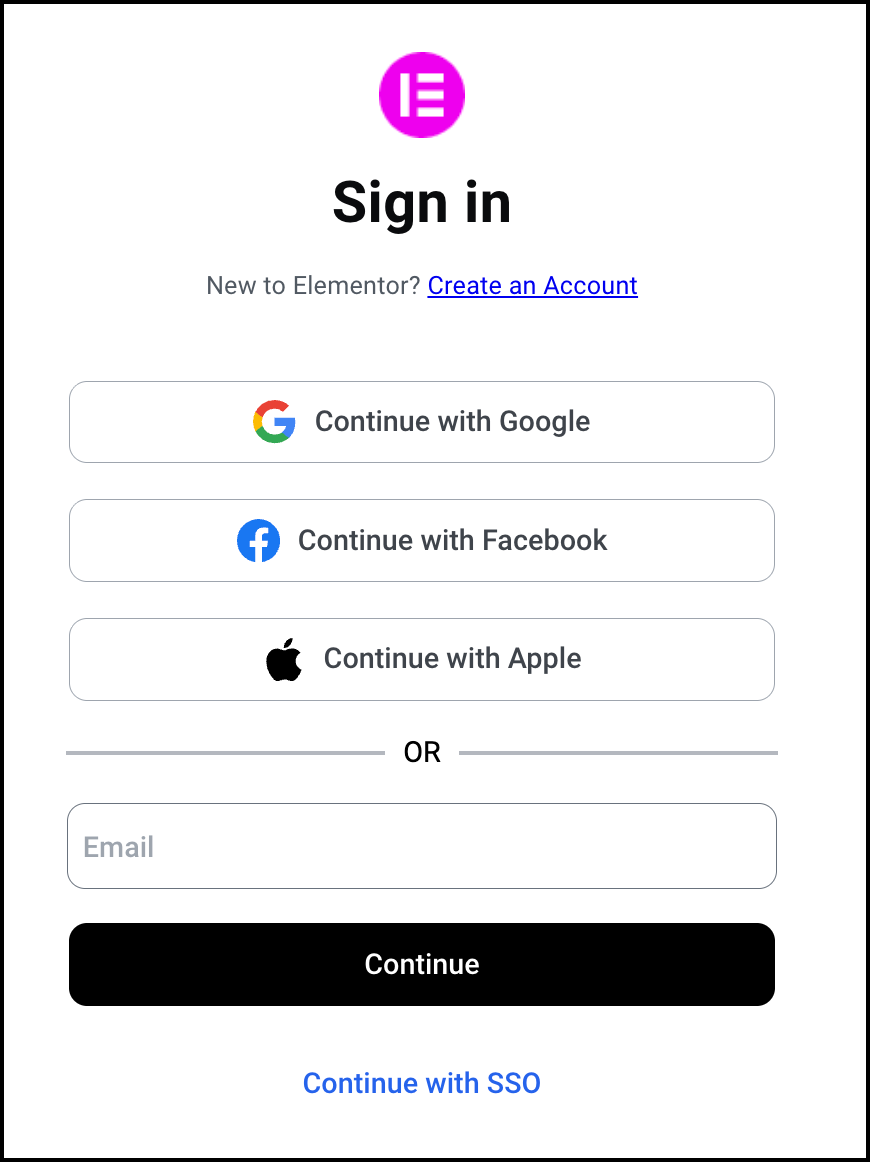 The Elementor login window