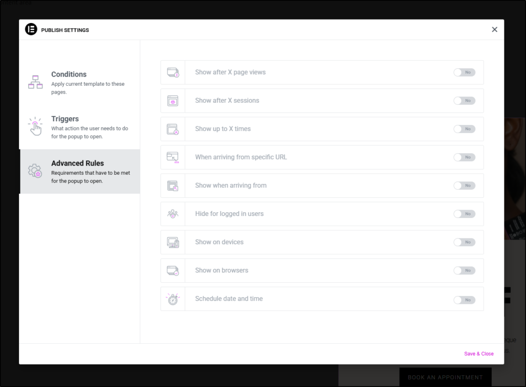 Popup settings showing advanced rules