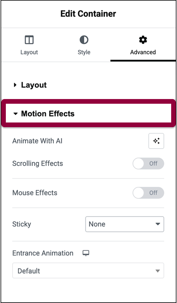 Elementor container Motion Effects settings panel