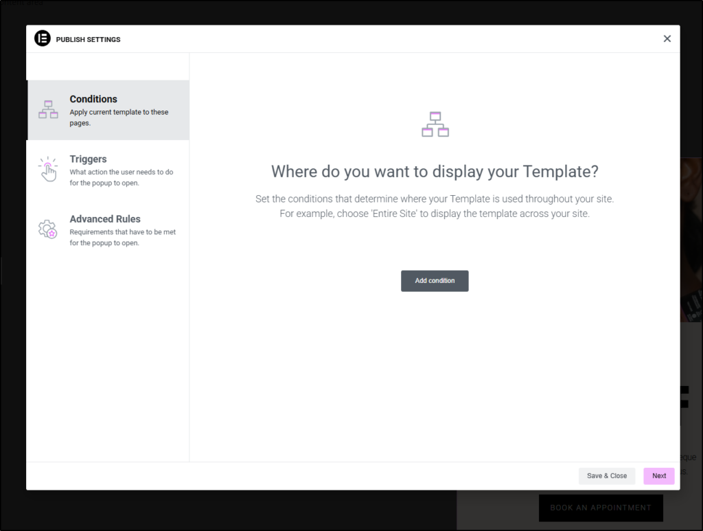Popup settings showing display conditions