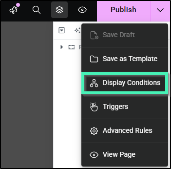 Elementor publish button showing Display Conditions