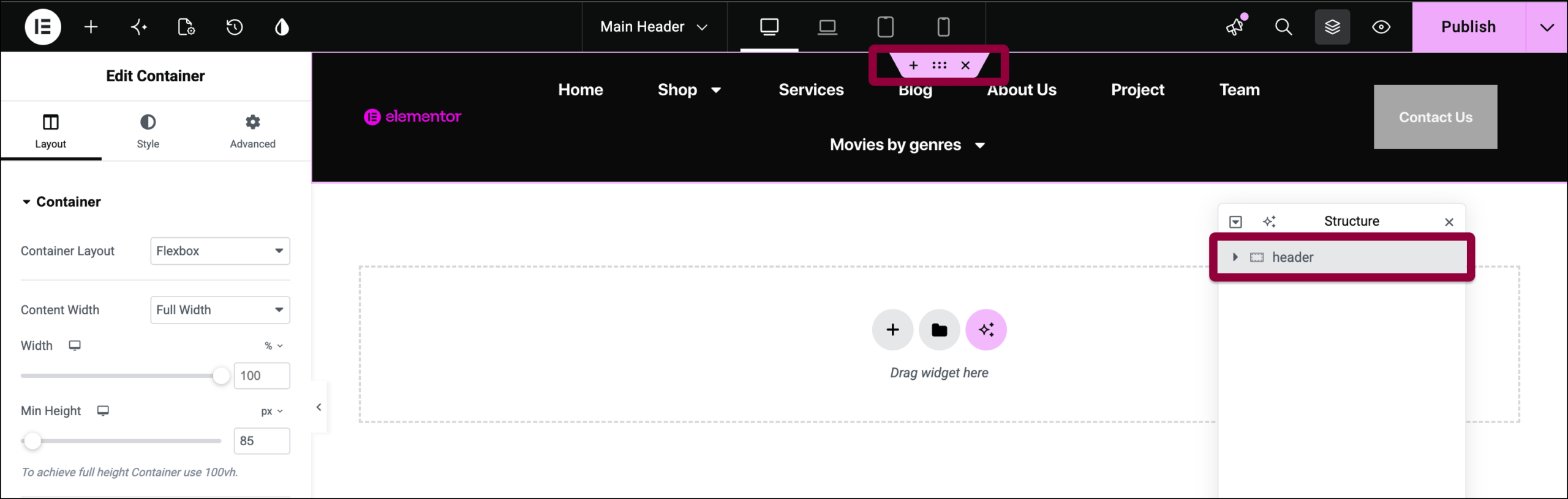 select header container