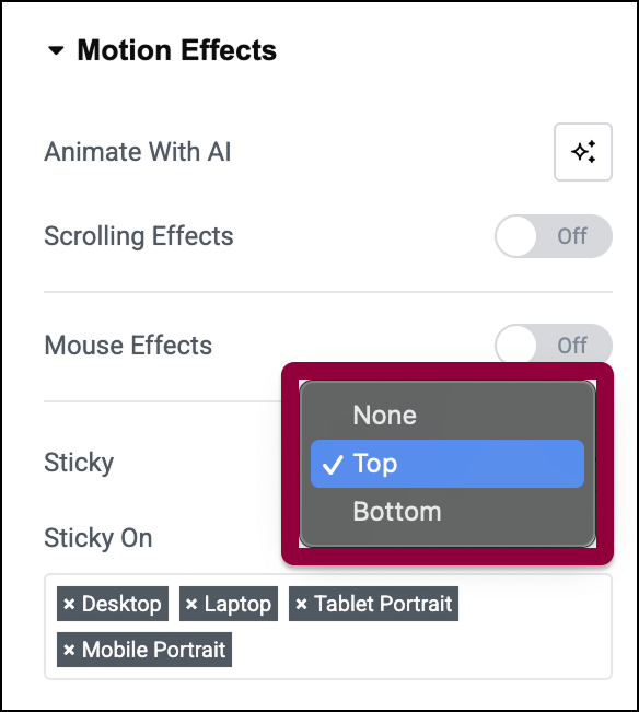 Elementor Sticky header settings menu