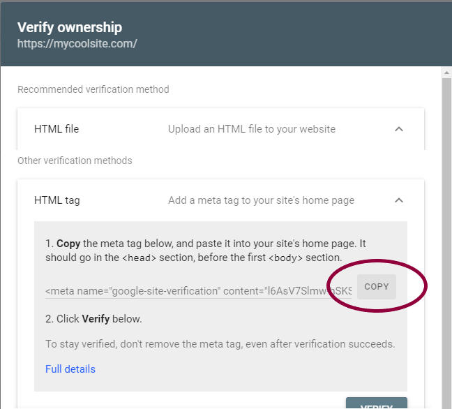 2 Copy the Meta tag cropped Verify your site with Google Search Console using an HTML tag 19