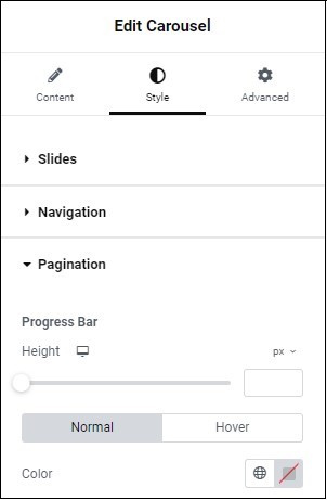 carousel edit progress bar Style tab Pagination Progress bar Carousel widget 47
