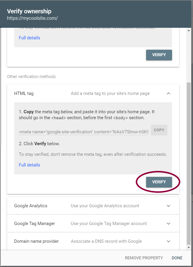 11 Switch tabs and click Verify Verify your site with Google Search Console using an HTML tag 77