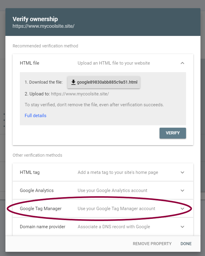 3. Select Google Tag Manager Verify your site with Google Search Console using Google Tag Manager 35