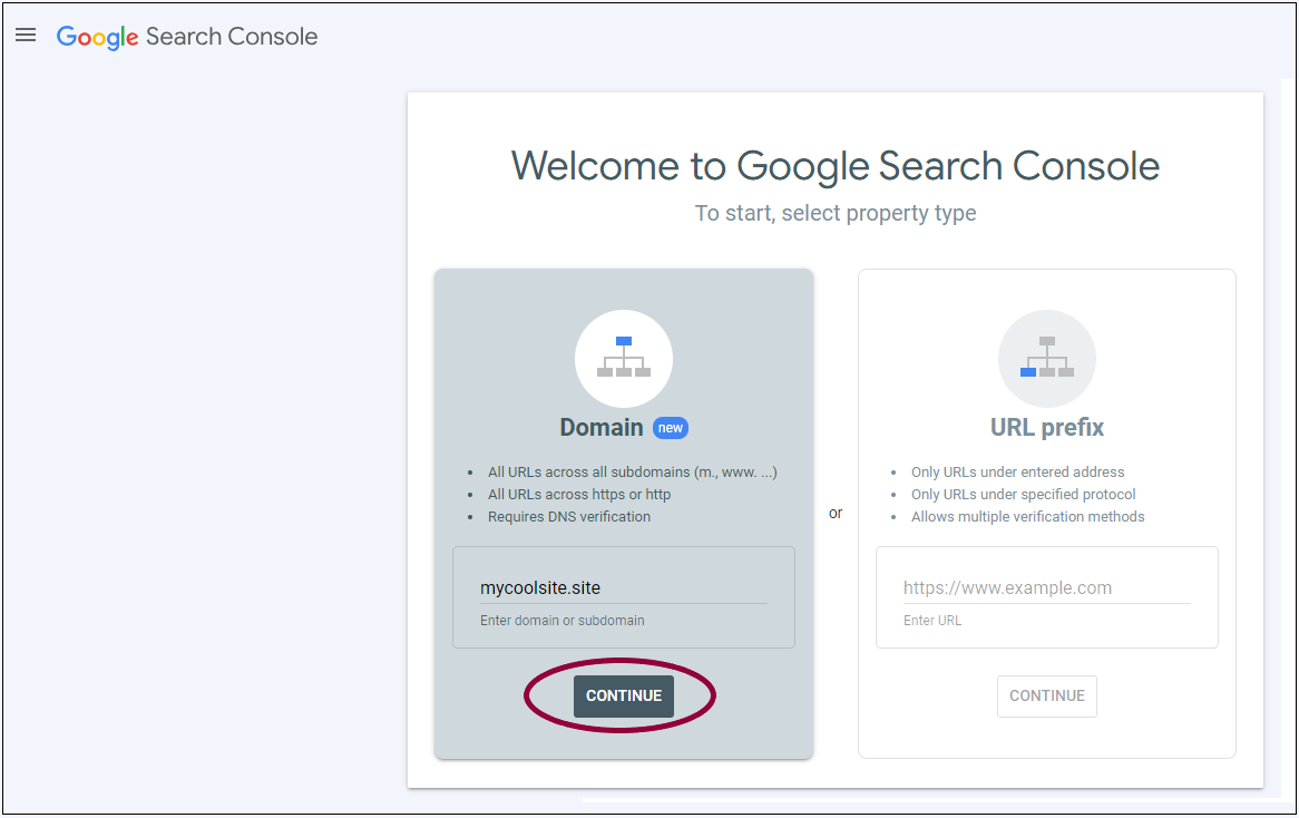 4. Click Coninue Verify your site with Google Search Console using a DNS record 15