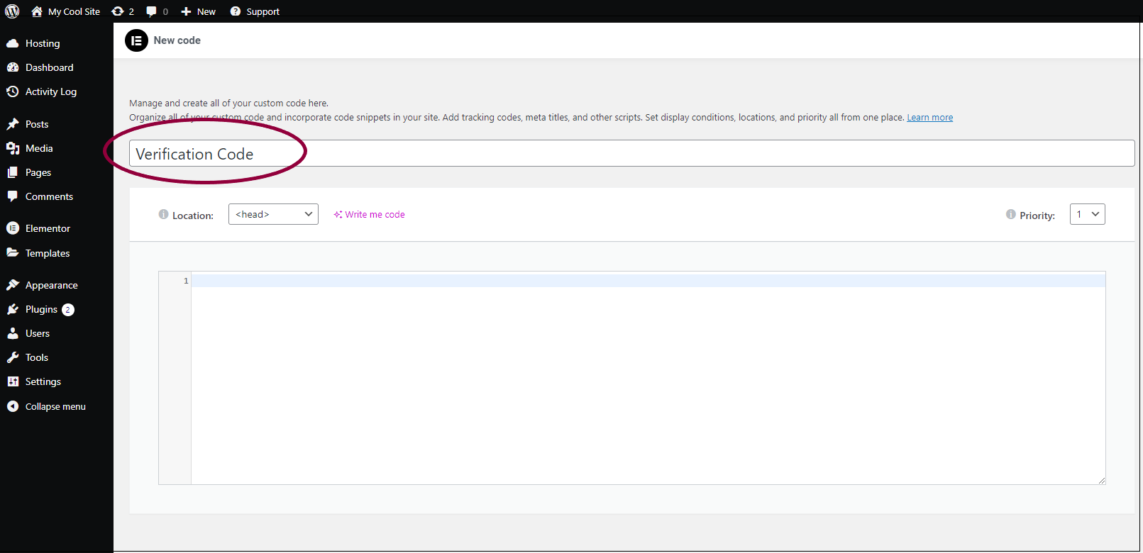 7 Name the Custom code bloc Verify your site with Google Search Console using an HTML tag 57