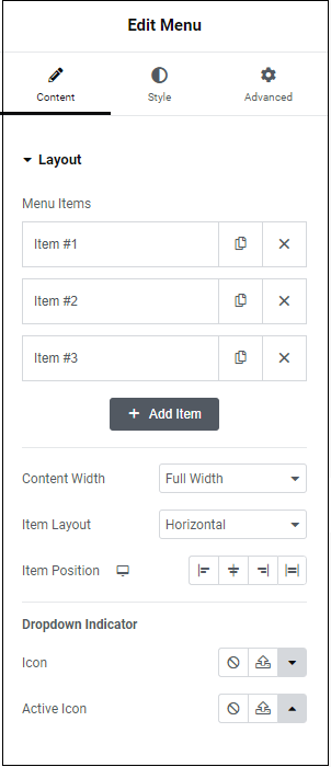 Content tab Layout 1 Menu widget 139