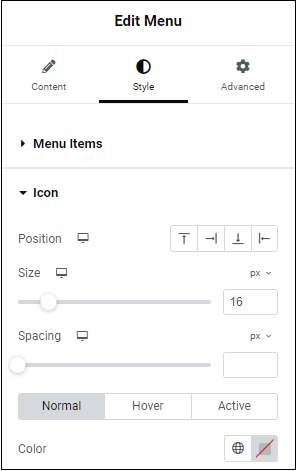 Style tab Icons Menu widget 155