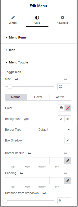 Style tab Menu Toggle Menu widget 335