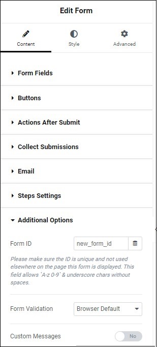 Content tab Additional options Form widget 489
