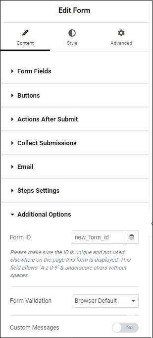 Content tab Additional options Form widget 165