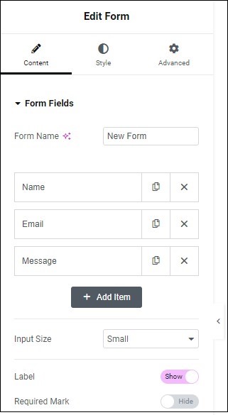 Content tab Form fields Form widget 471