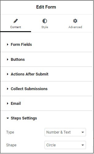 Content tab Steps Settings Form widget 161