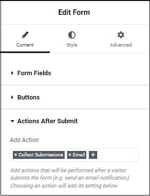 Content tab actions after submit Form widget 479