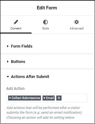 Content tab actions after submit Form widget 155