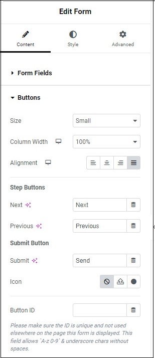 Content tab buttons Form widget 477