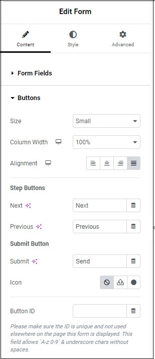 Content tab buttons Form widget 153