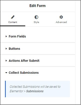 Content tab collect submissions Form widget 157