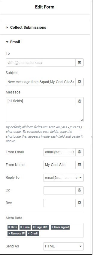 Content tab email 1 Form widget 159