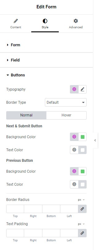 Style tab Button Form widget 495