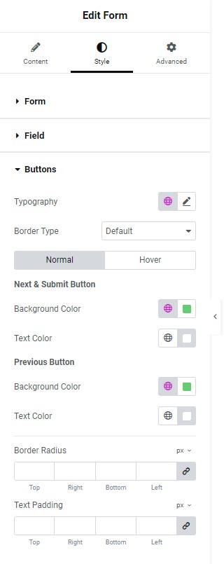 Style tab Button Form widget 171