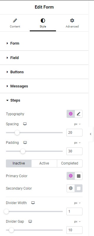 Style tab Steps Form widget 499