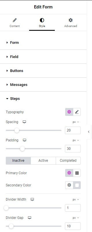 Style tab Steps Form widget 175