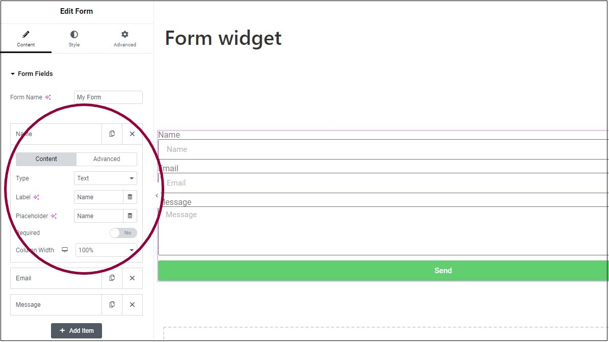 3 Click the name field Form widget 439