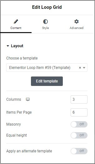 Content tab Layout Loop Grid widget 129