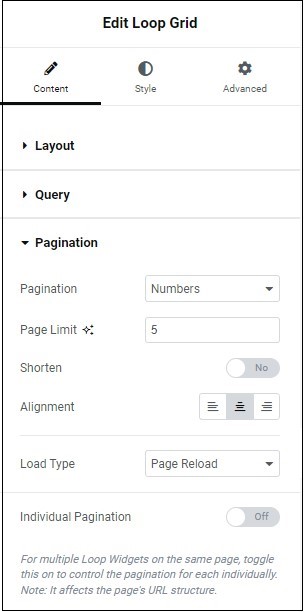 Content tab Pagination Loop Grid widget 133