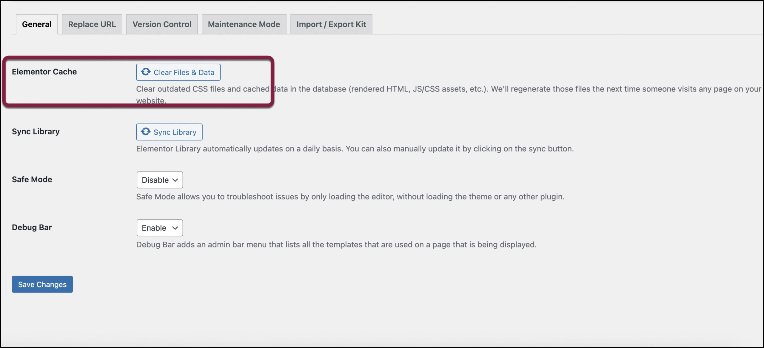The WordPress admin screen for Elementor Tools showing the Regenerate Files button under the Regenerate CSS and Data section