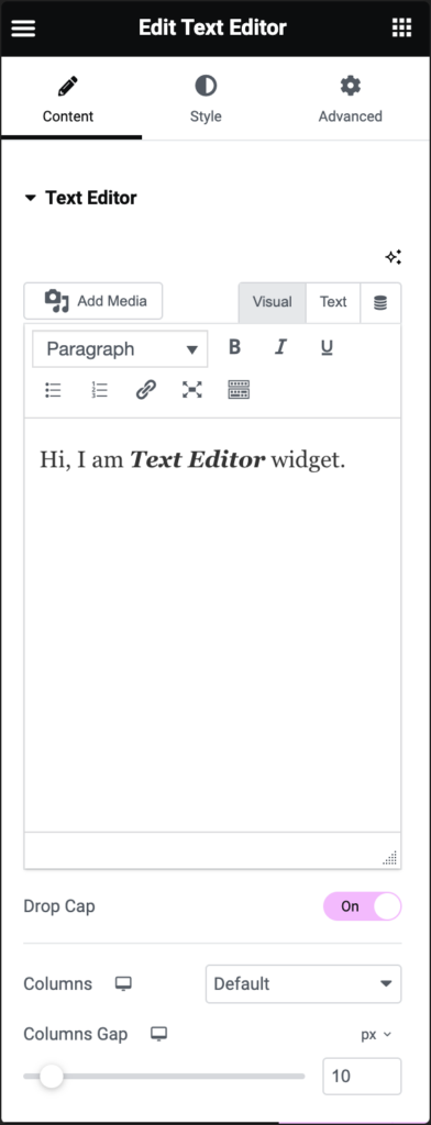 content tab of the text editor widget Text Editor widget 13