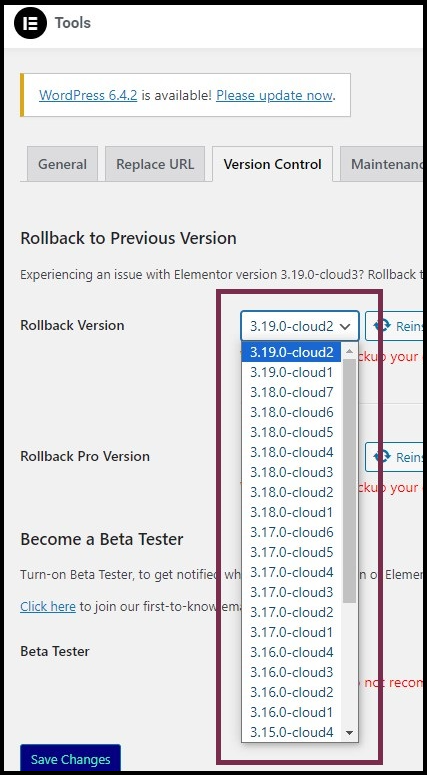 Rollback to a previous version of Elementor 1