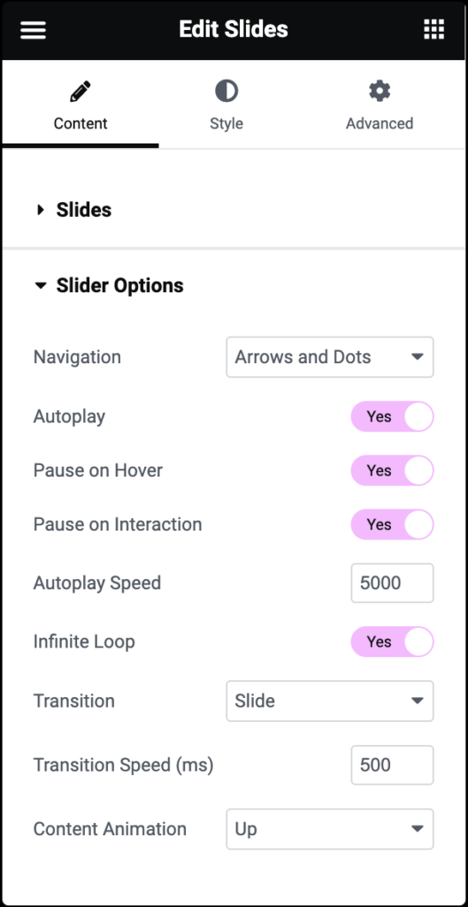 slider options content tab Slides widget 23