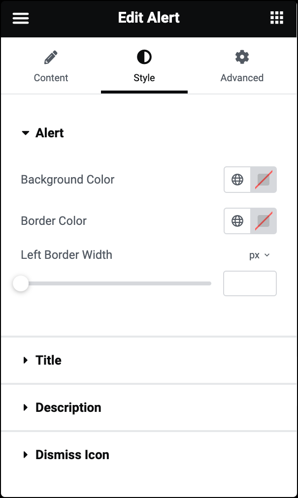 style tab of the alert Alert widget 73