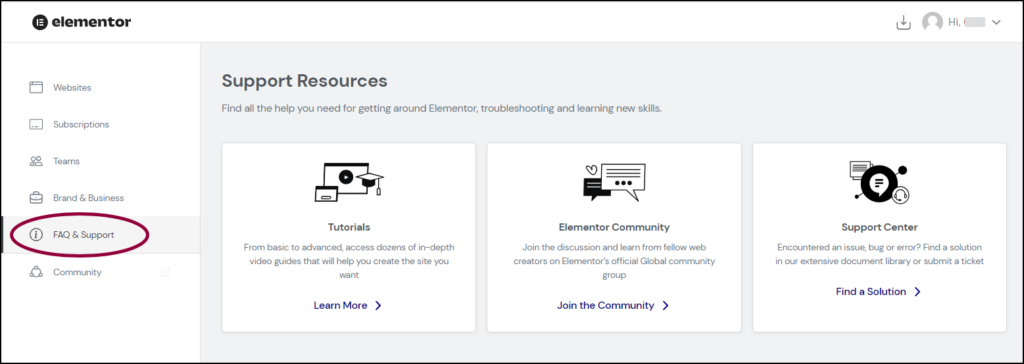 Contact Support » Elementor